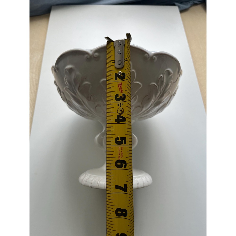 White Ceramic Pedestal Compote raised leaf design French Provincial Isaac - Picture 5 of 7